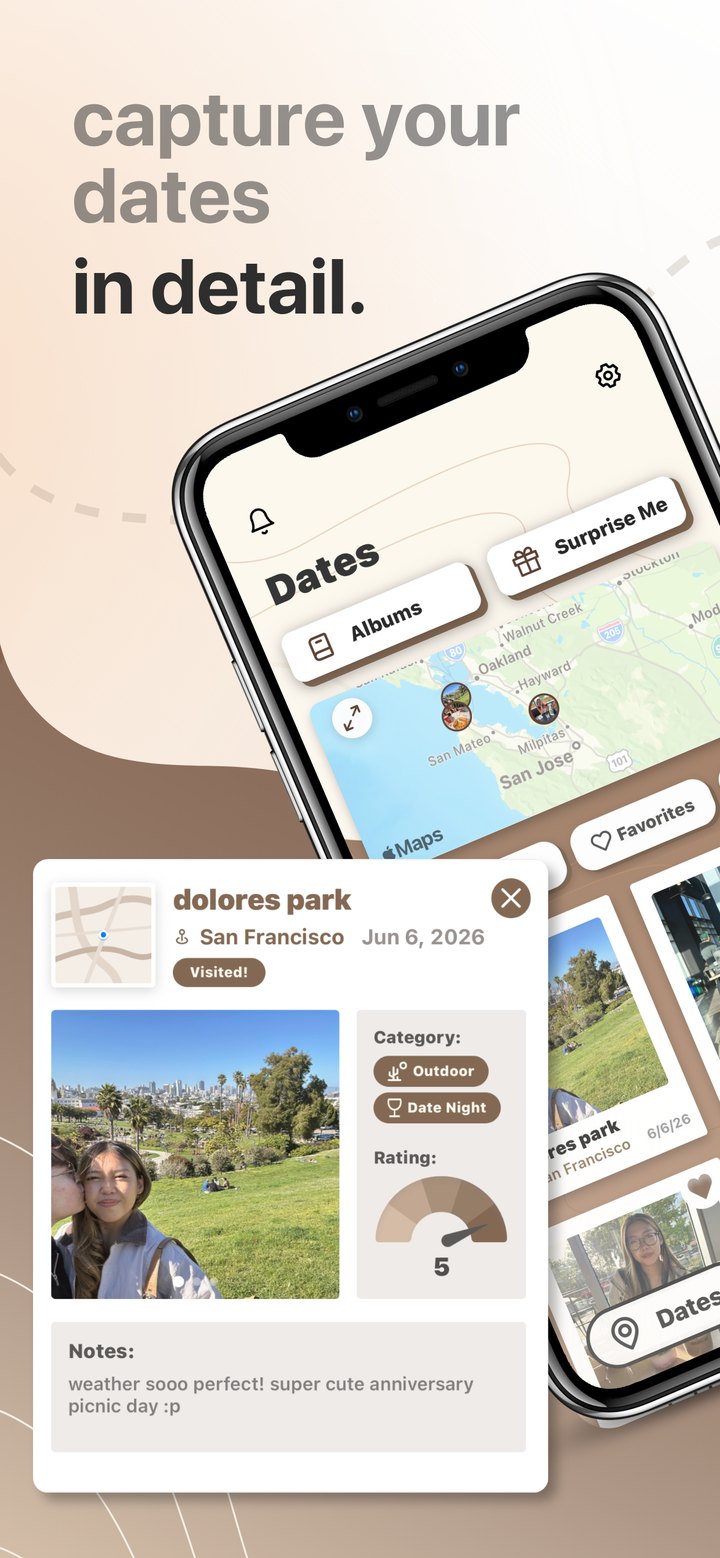 Keepsake date details with photos, date, location, category, rating, and notes.