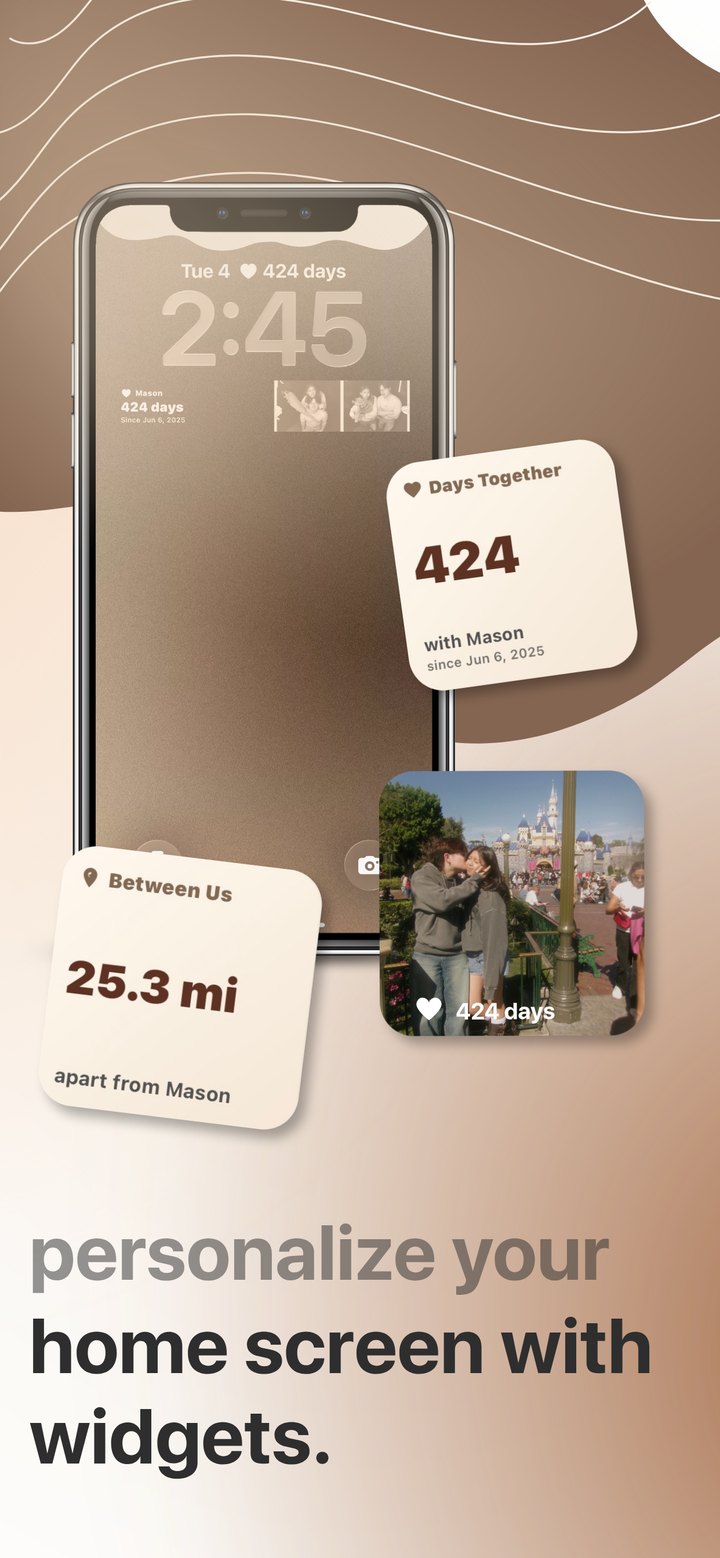 Keepsake iPhone widgets showing Days Together, Distance, and a shared photo.