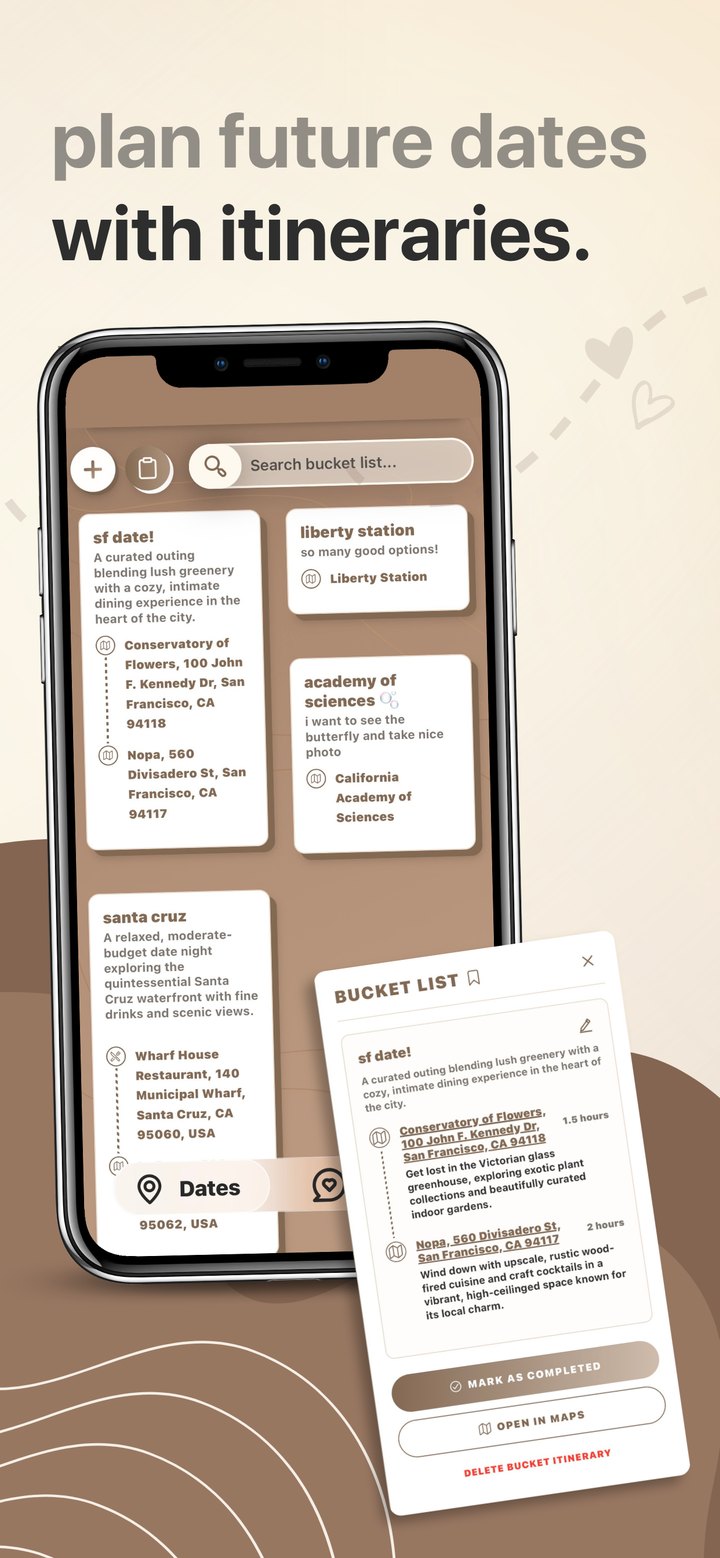 Keepsake Date Planner itineraries and a shared Bucket List of future date ideas.