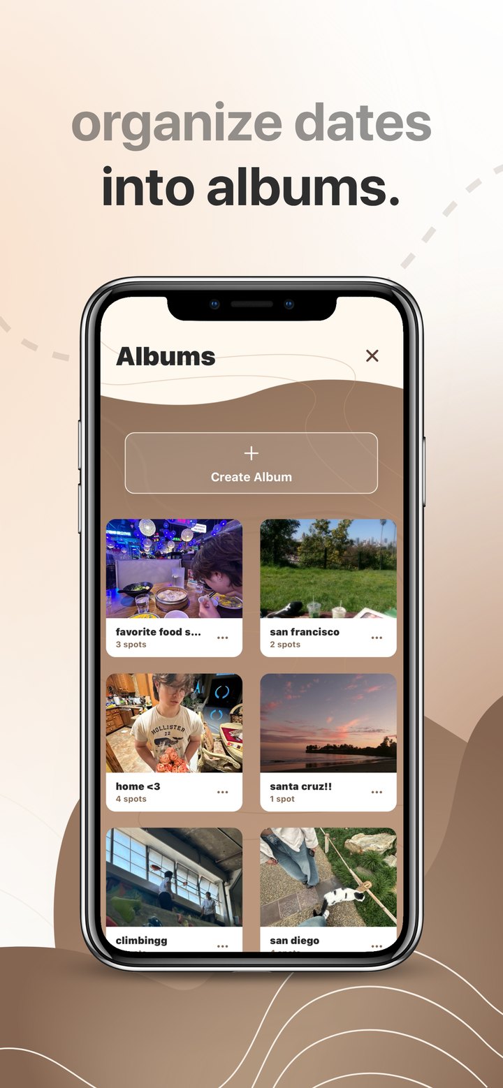 Keepsake Albums screen with collections of saved date spots.